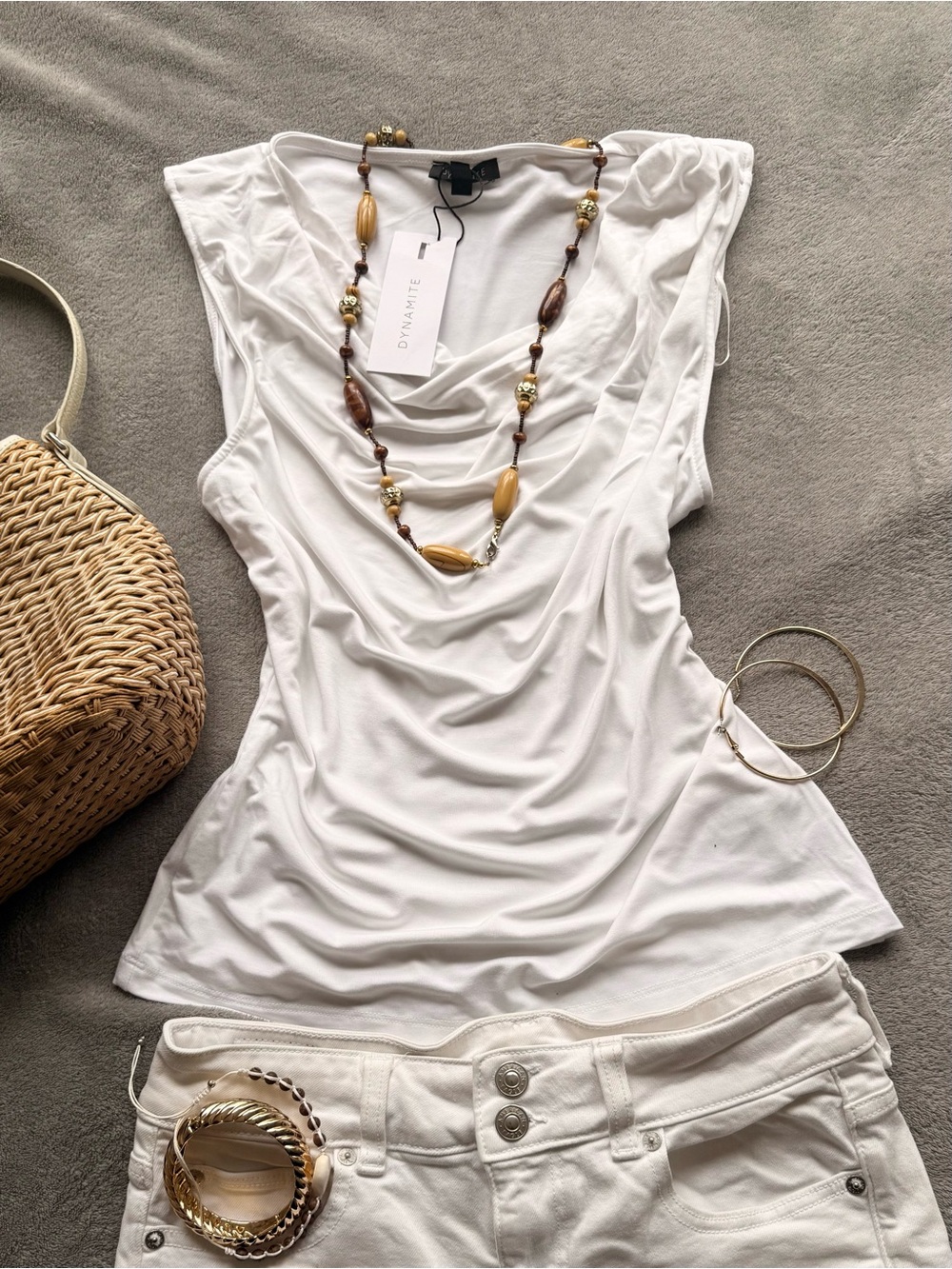 Dynamite White Draped Cowl Neck Tank